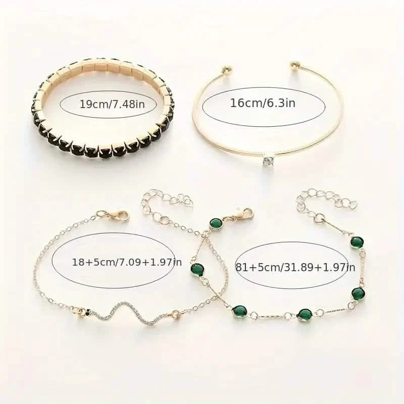 4pcs Green Emerald Rhinestone Snake Bracelet Set for Women 2
