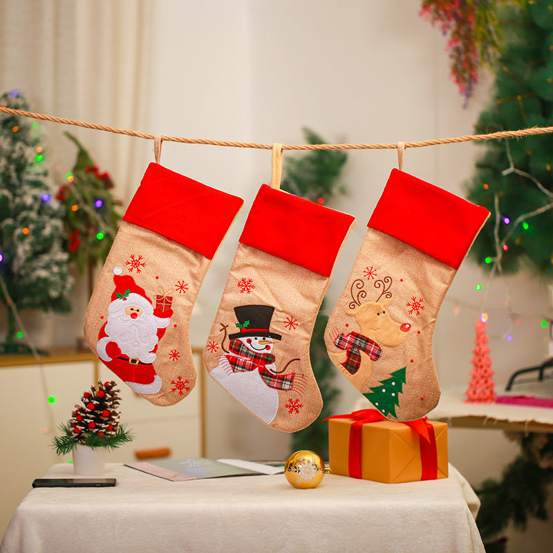 Christmas Decoration Linen Red Bordered Old Man Snowman Christmas Socks Christmas Gift Bag Candy Socks 5