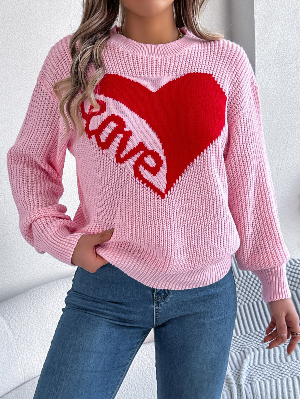 Love Print Pullover Sweater Autumn And Winter Loose Long-sleeved Knitted Tops For Women Valentine's Day Clothing 7