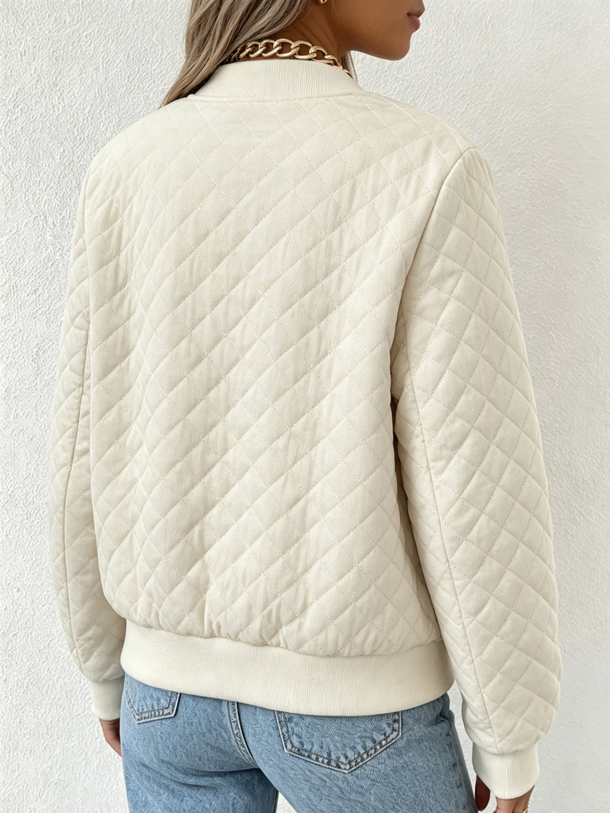 Women Woven Quilted Bomber Jacket Zip Up Stand Collar Lightweight Outerwear 5