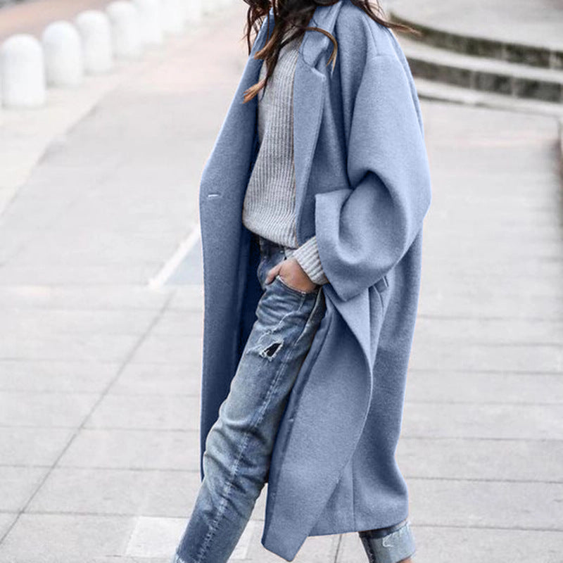 Casual Long Jacket With Pockets Solid Color Single Breasted Lapel Woolen Coat For Women Warm Winter Clothing 4