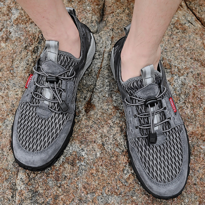Men's Summer Leather Breathable Outdoor Sports Casual Shoes Non-slip Soft-soled Mesh Surface Hiking Shoes 4