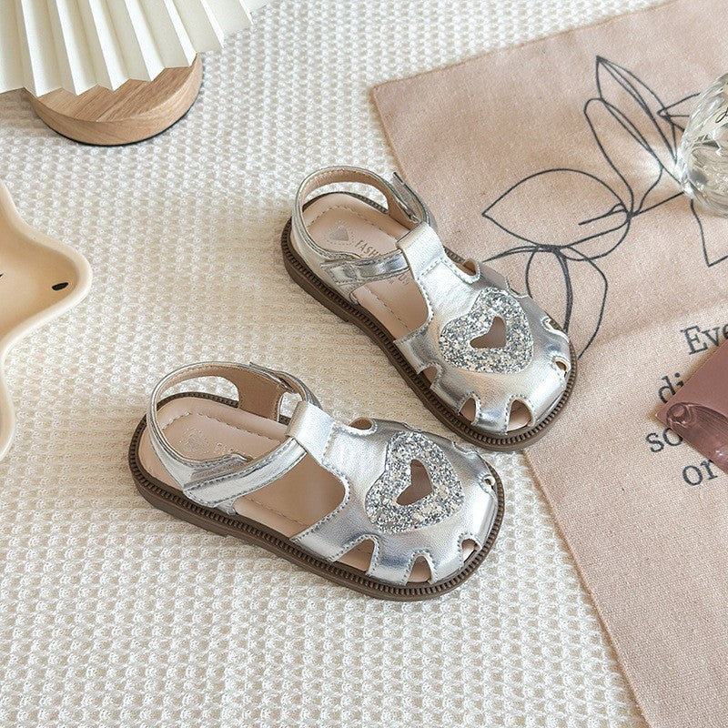 Korean Style Girls Princess Sandals, Closed-Toe Heart Hollow Out Soft Sole Leather Sandals, Fashion Roman Beach Shoes For Little Girls 4