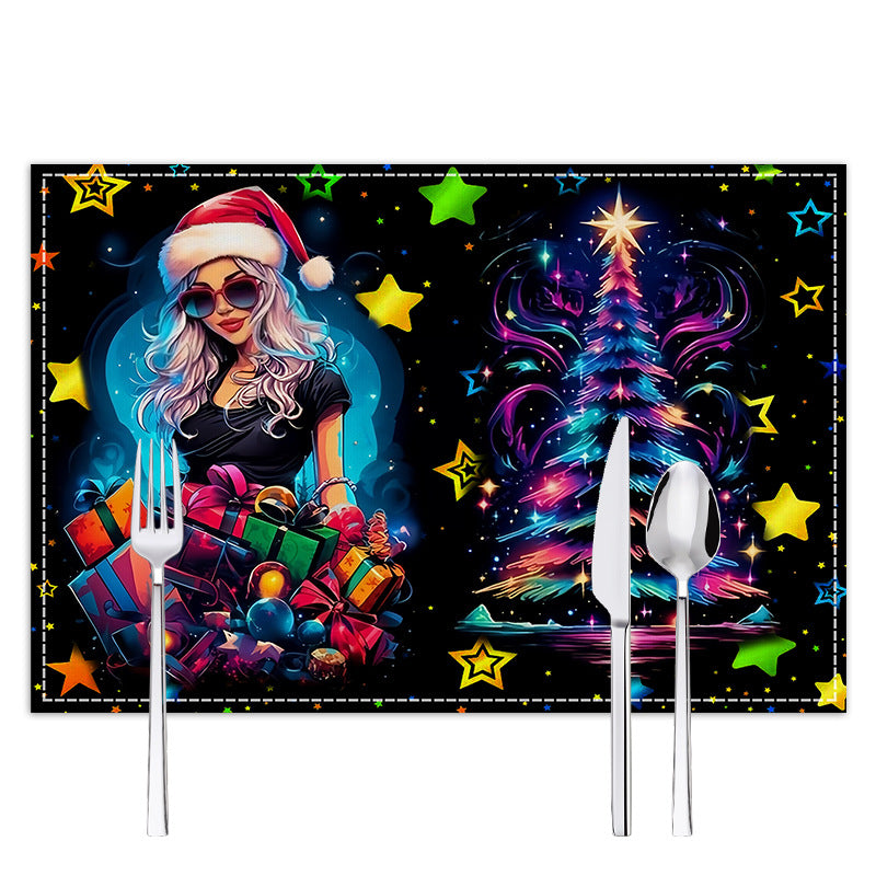 Christmas table mat with white linen starry sky and Santa Claus print 9