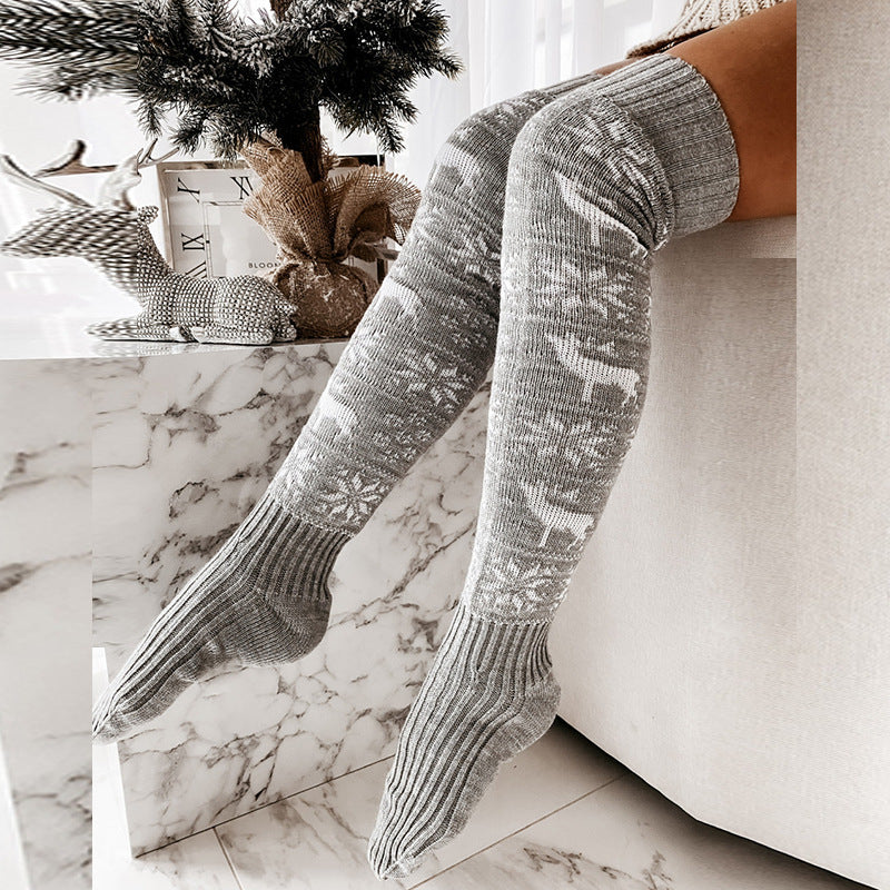Christmas elk snowflake knitted woolen stockings for women long over knee pile socks stockings 4