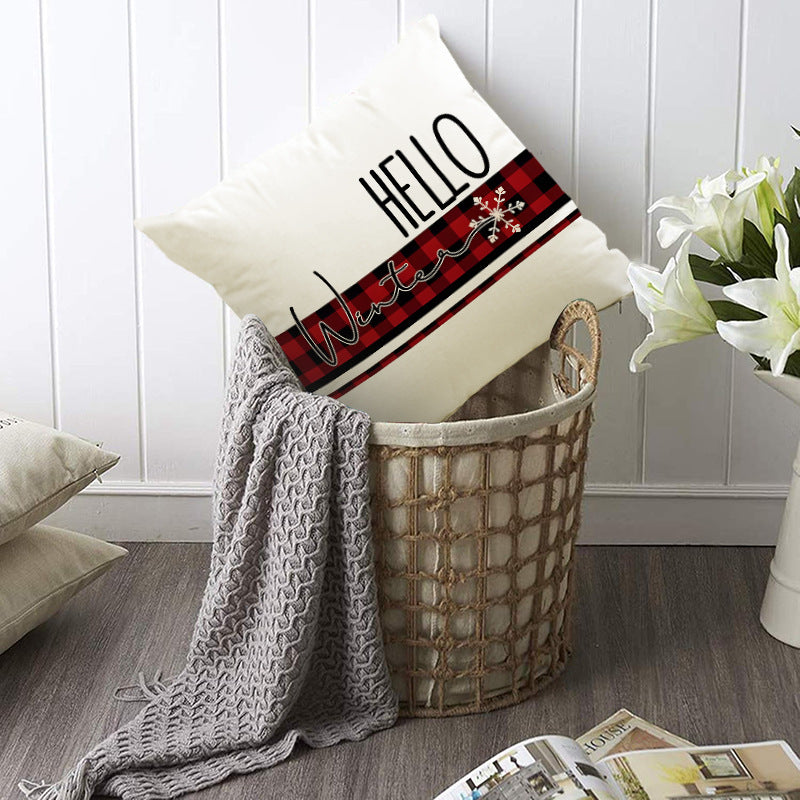 Christmas Pillowcase Linen Red Black Checkered Letter Printed Pillow Cover Holiday Living Room Decoration 2