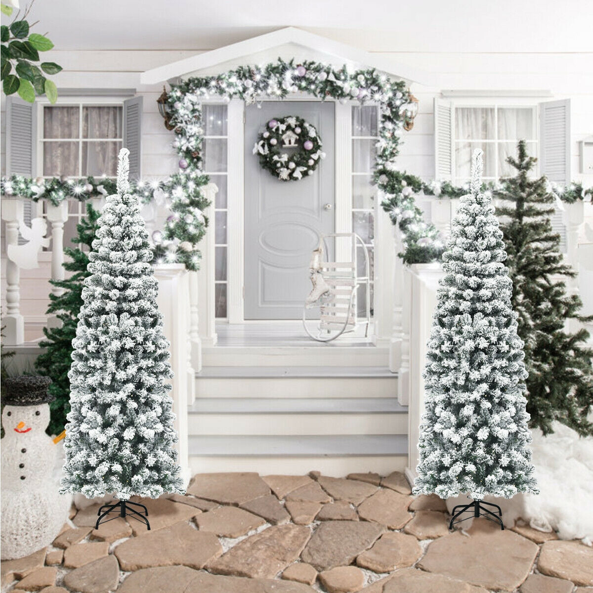 6 Feet Unlit Hinged Snow Flocked Artificial Pencil Christmas Tree with 500 Branch Tip 7