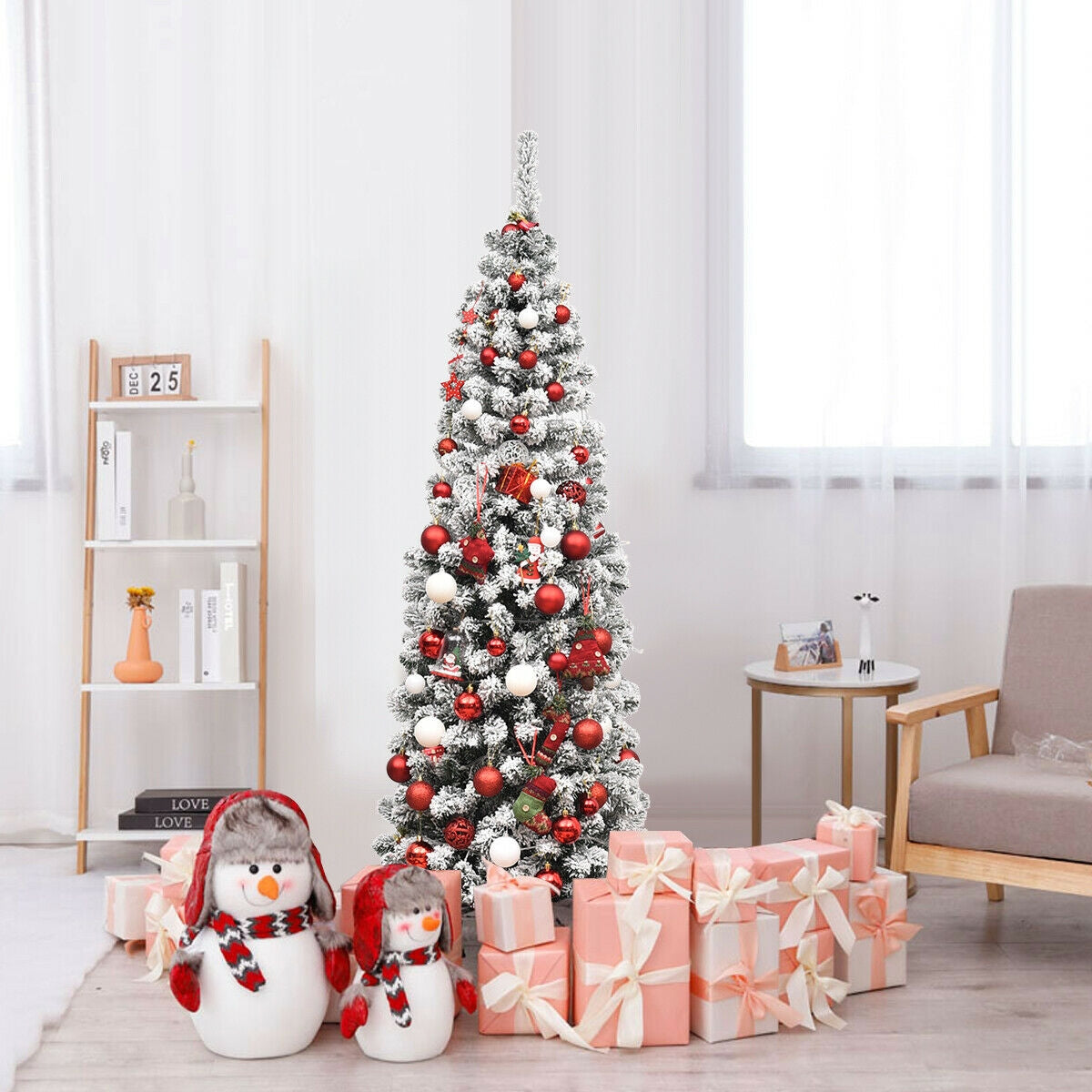 6 Feet Pre-lit Snow Flocked Artificial Pencil Christmas Tree with 250 LED Lights 2