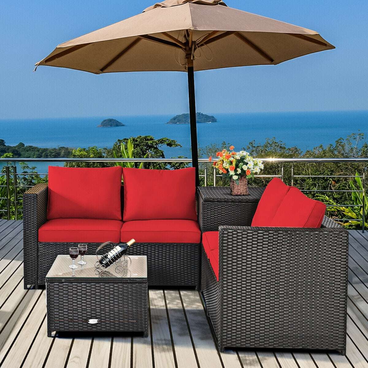4 Pieces Outdoor Patio Rattan Furniture Set with 2