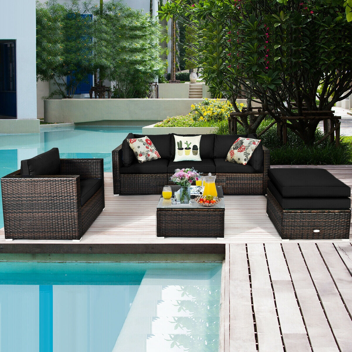6 Pcs Patio Rattan Furniture Set with Sectional Cushion 1