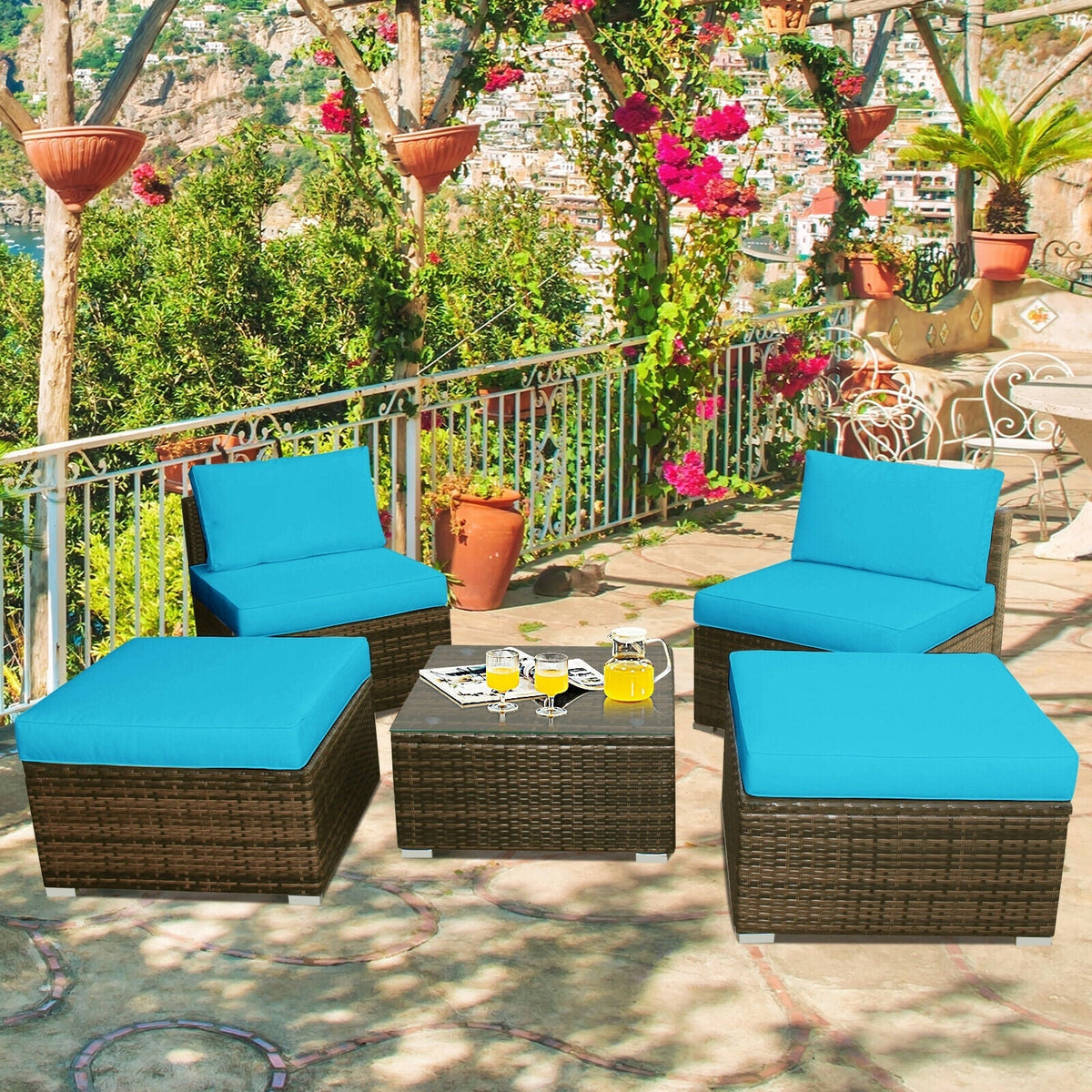 5 Pieces Patio Rattan Furniture Set with Cushioned Armless Sofa 4