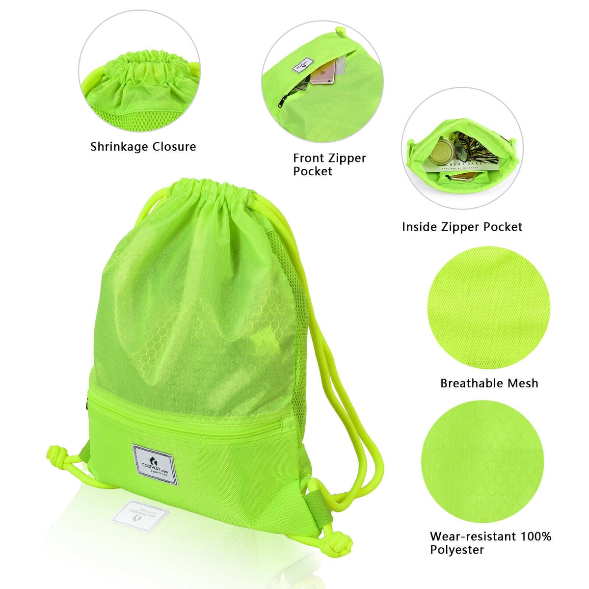Drawstring Backpack String Bag Foldable Sports Sack with Zipper Pocket-Green 5