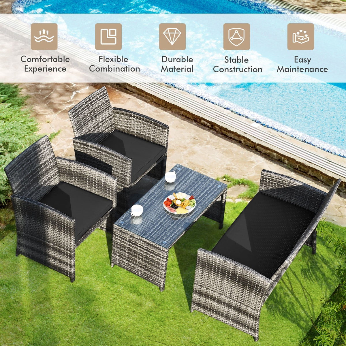 4 Pieces Patio Rattan Furniture Set with Glass Table and Loveseat-Gray 5