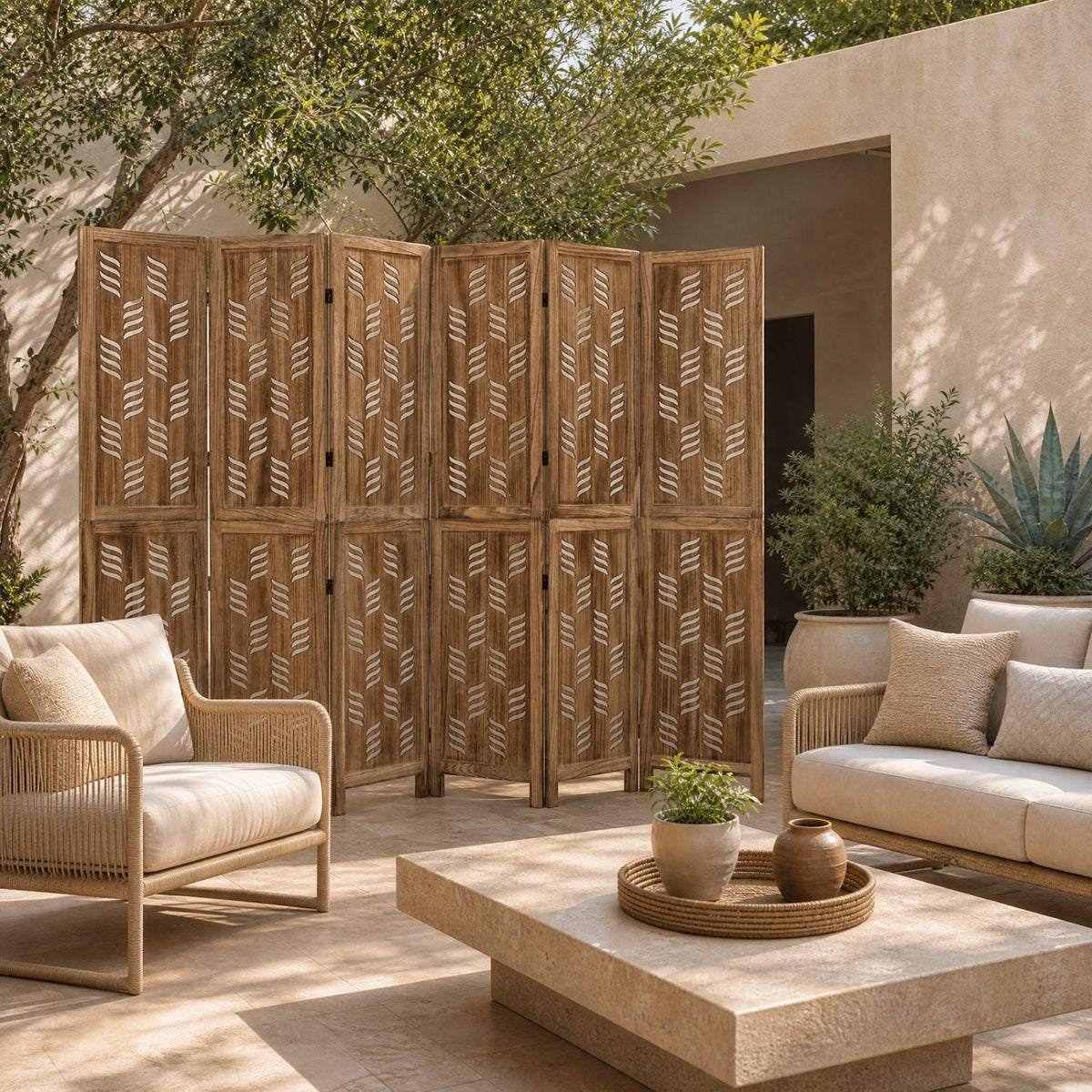 6-Panel Room Divider with Wave Cutout - 95" Paulownia Wood 6