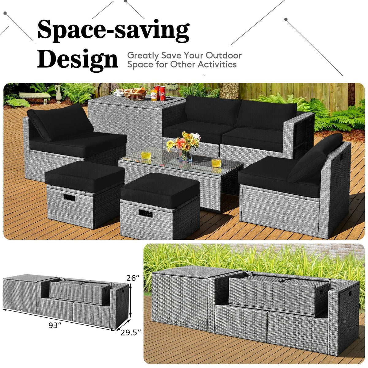 8 Pieces Patio Rattan Furniture Set with Storage Waterproof Cover and Cushion 5