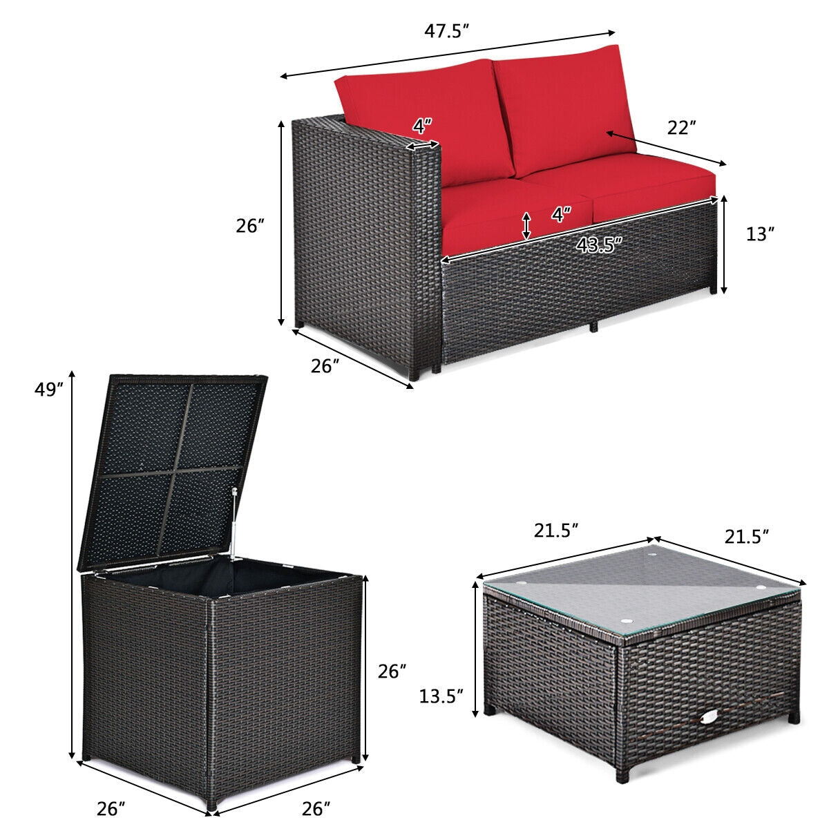 4 Pieces Outdoor Patio Rattan Furniture Set with 5