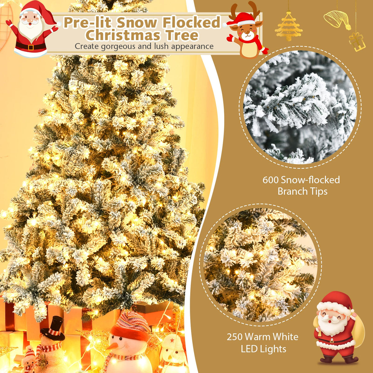 Pre-Lit Premium Snow Flocked Hinged Artificial Christmas Tree 7