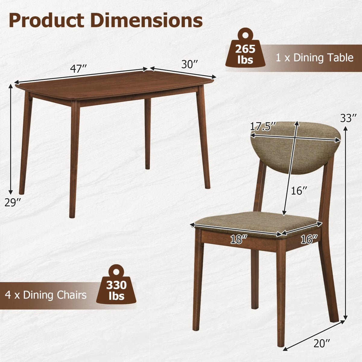 5-Piece Dining Set with Rectangular Table & 4 Fabric Chairs 13