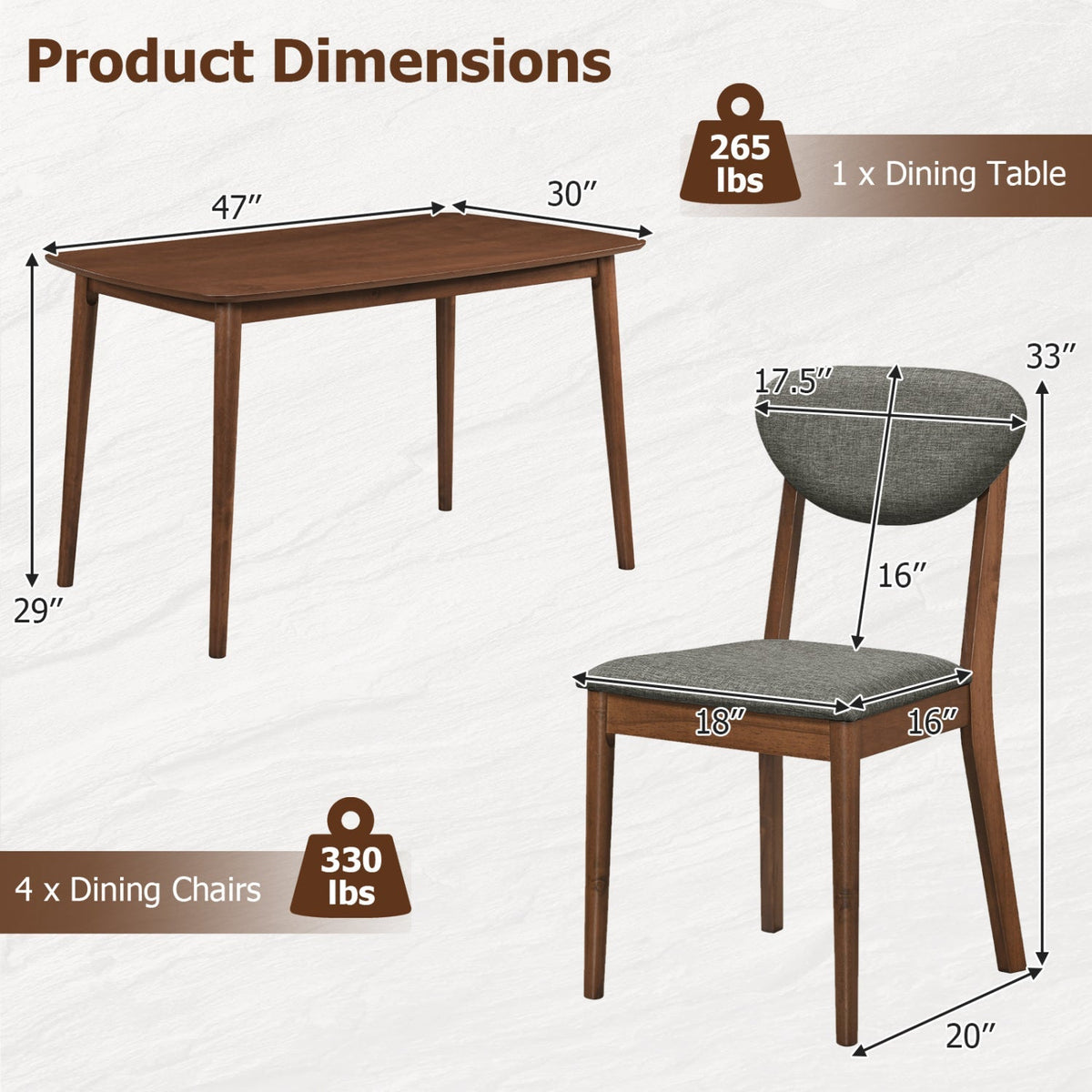 5-Piece Dining Set with Rectangular Table & 4 Fabric Chairs 5