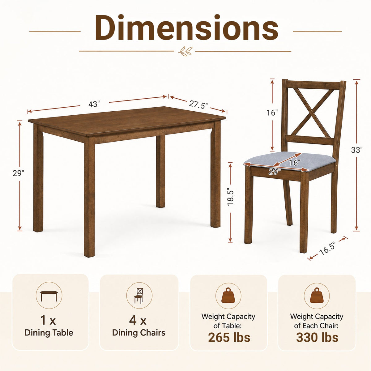 5-Piece Dining Set with Rectangular Table & Fabric Chairs 5