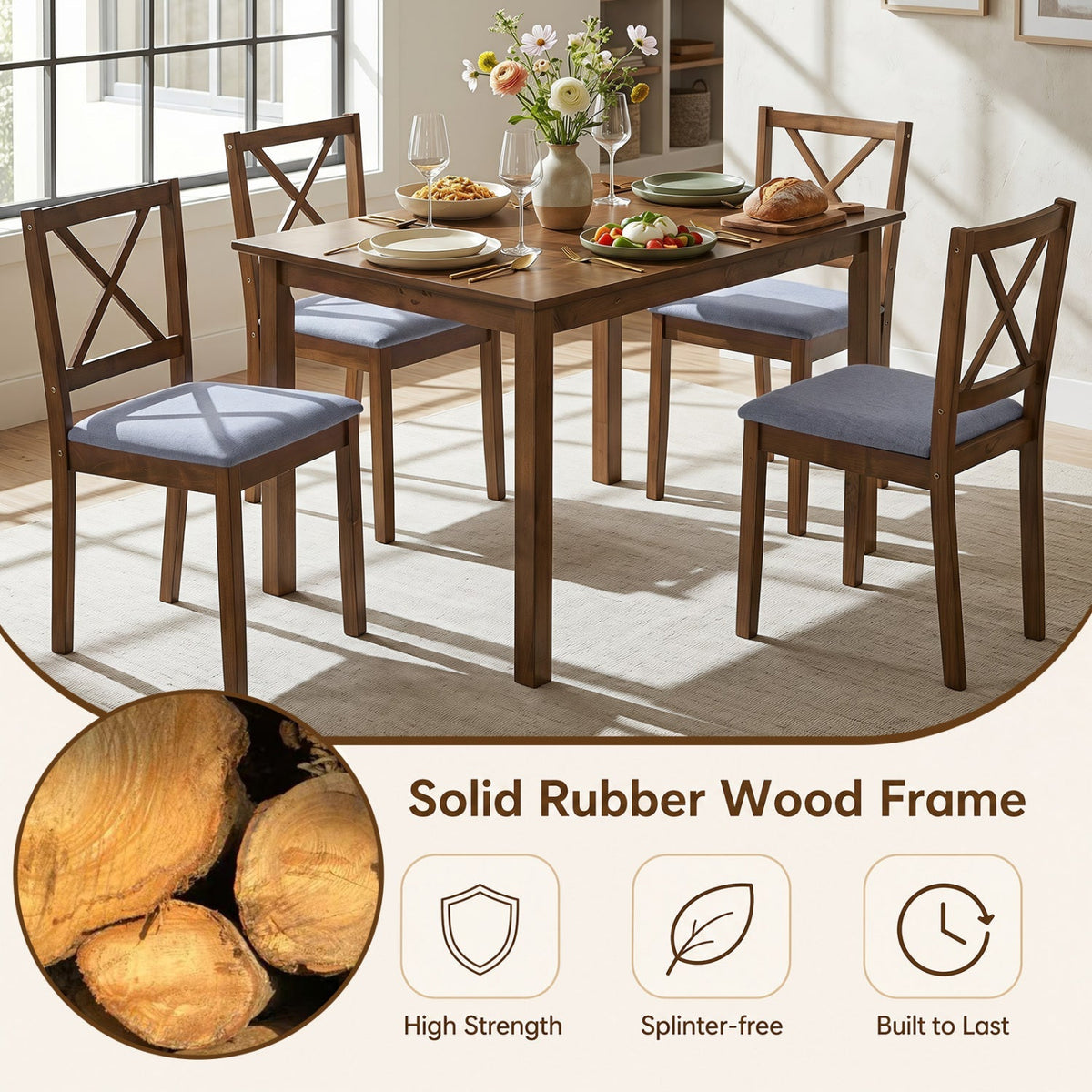 5-Piece Dining Set with Rectangular Table & Fabric Chairs 6