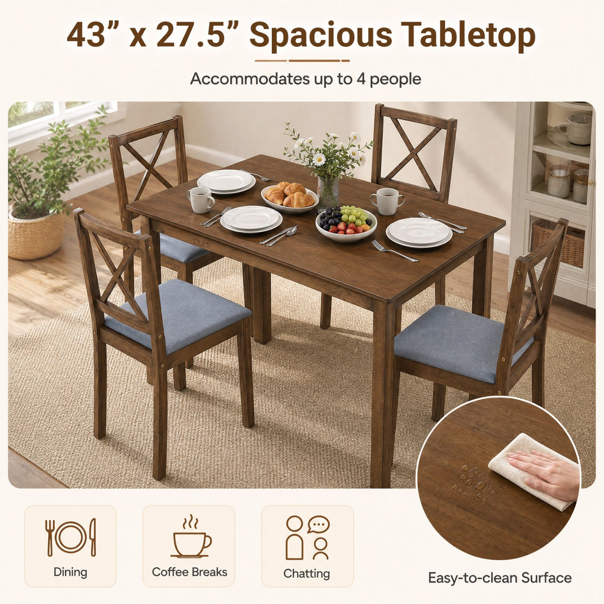 5-Piece Dining Set with Rectangular Table & Fabric Chairs 8