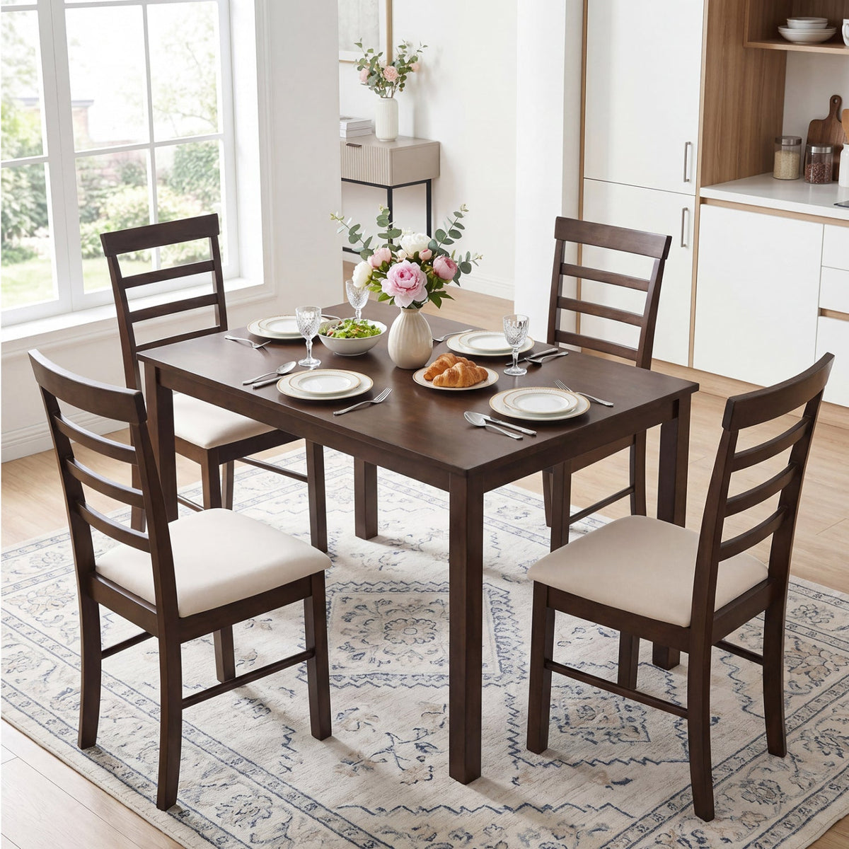 5-Piece Dining Table Set for 4 with Upholstered Chairs 2
