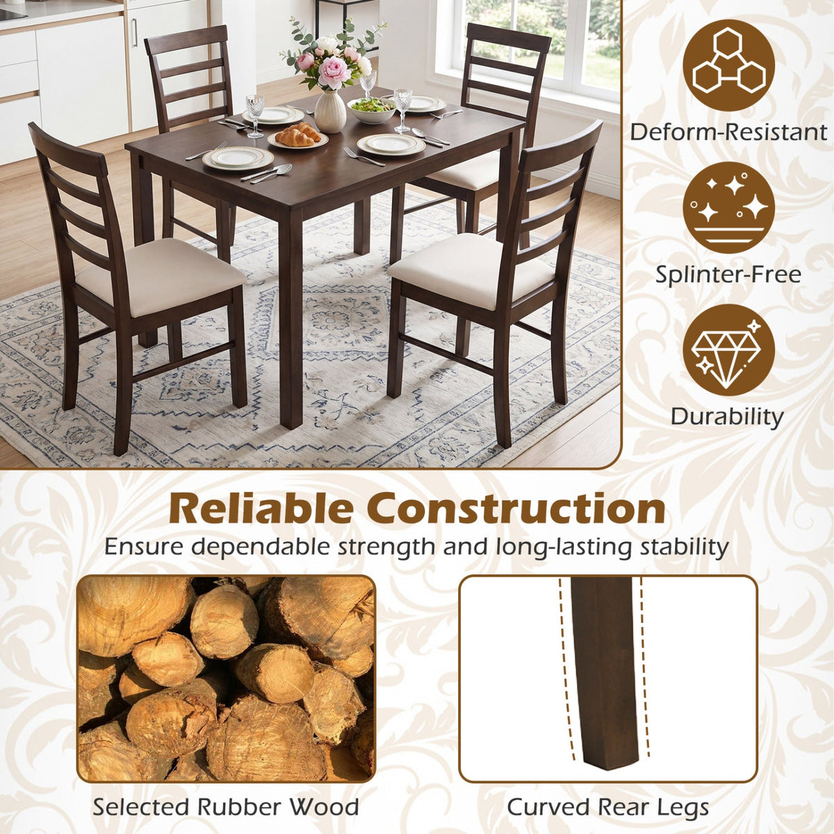 5-Piece Dining Table Set for 4 with Upholstered Chairs 6