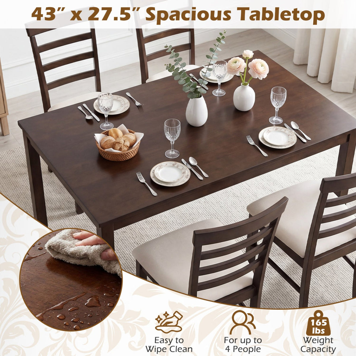 5-Piece Dining Table Set for 4 with Upholstered Chairs 7
