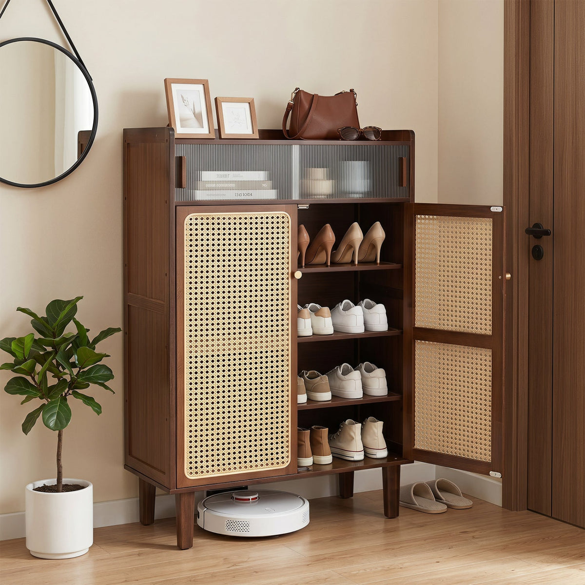5-Tier Bamboo Shoe Cabinet with Woven Rattan Sliding Doors 1