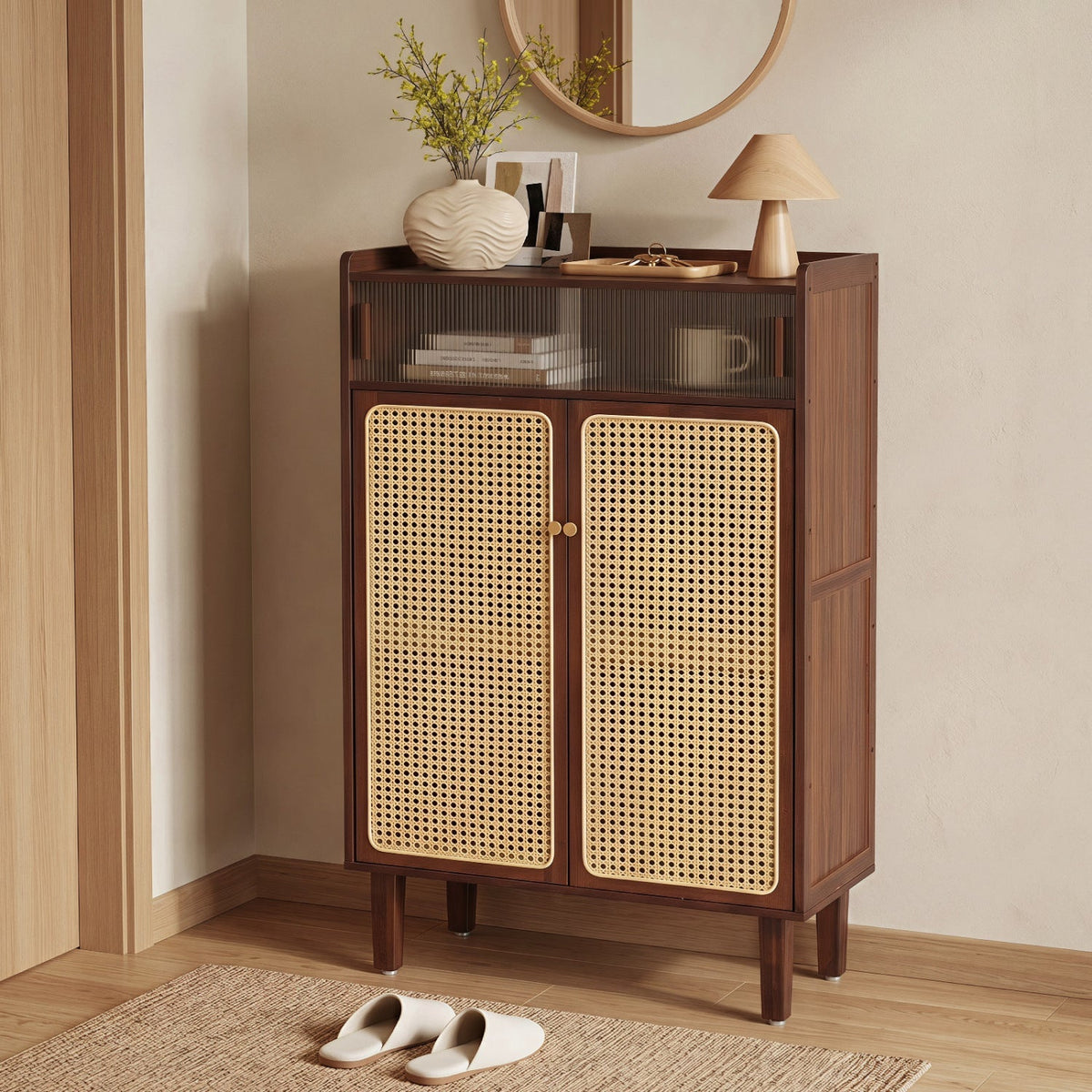 5-Tier Bamboo Shoe Cabinet with Woven Rattan Sliding Doors 2