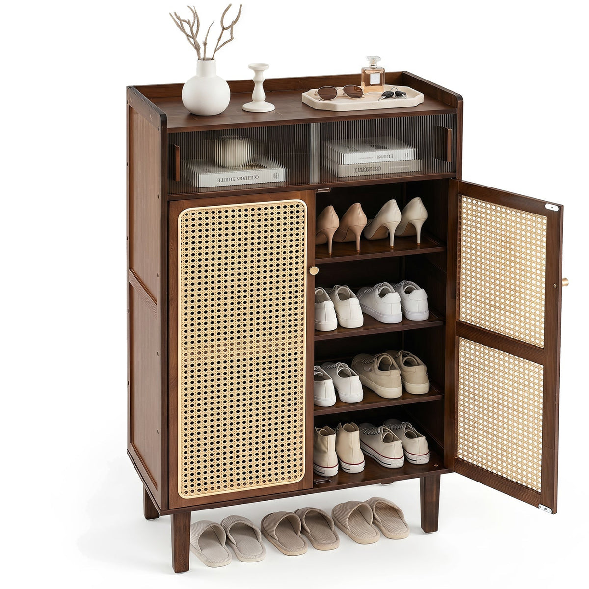 5-Tier Bamboo Shoe Cabinet with Woven Rattan Sliding Doors 3