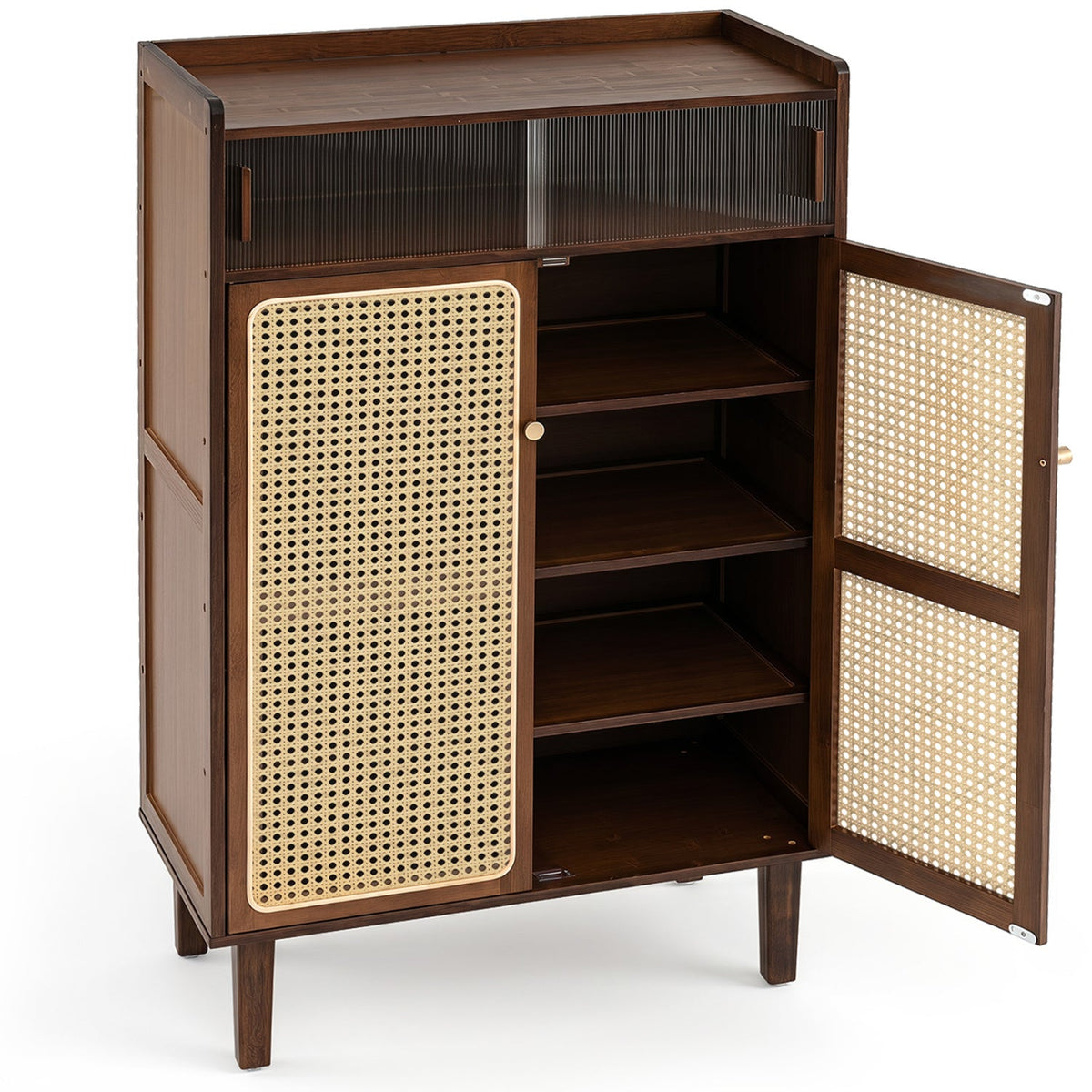5-Tier Bamboo Shoe Cabinet with Woven Rattan Sliding Doors 4