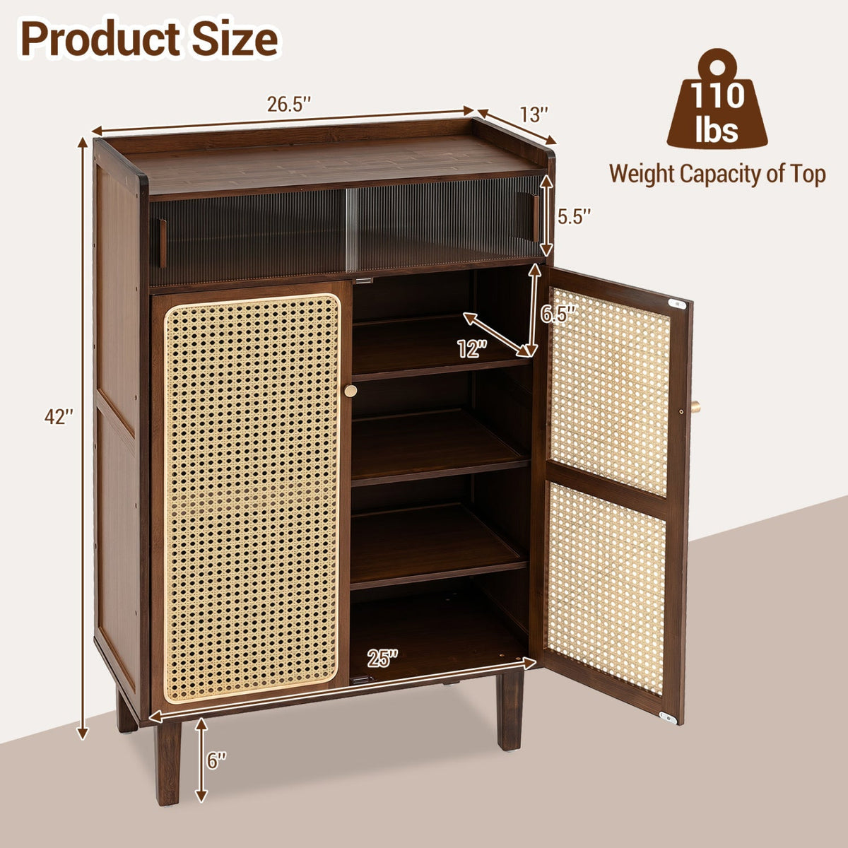 5-Tier Bamboo Shoe Cabinet with Woven Rattan Sliding Doors 5