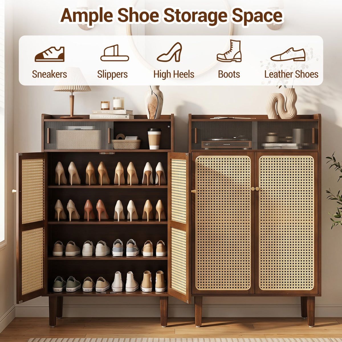 5-Tier Bamboo Shoe Cabinet with Woven Rattan Sliding Doors 6