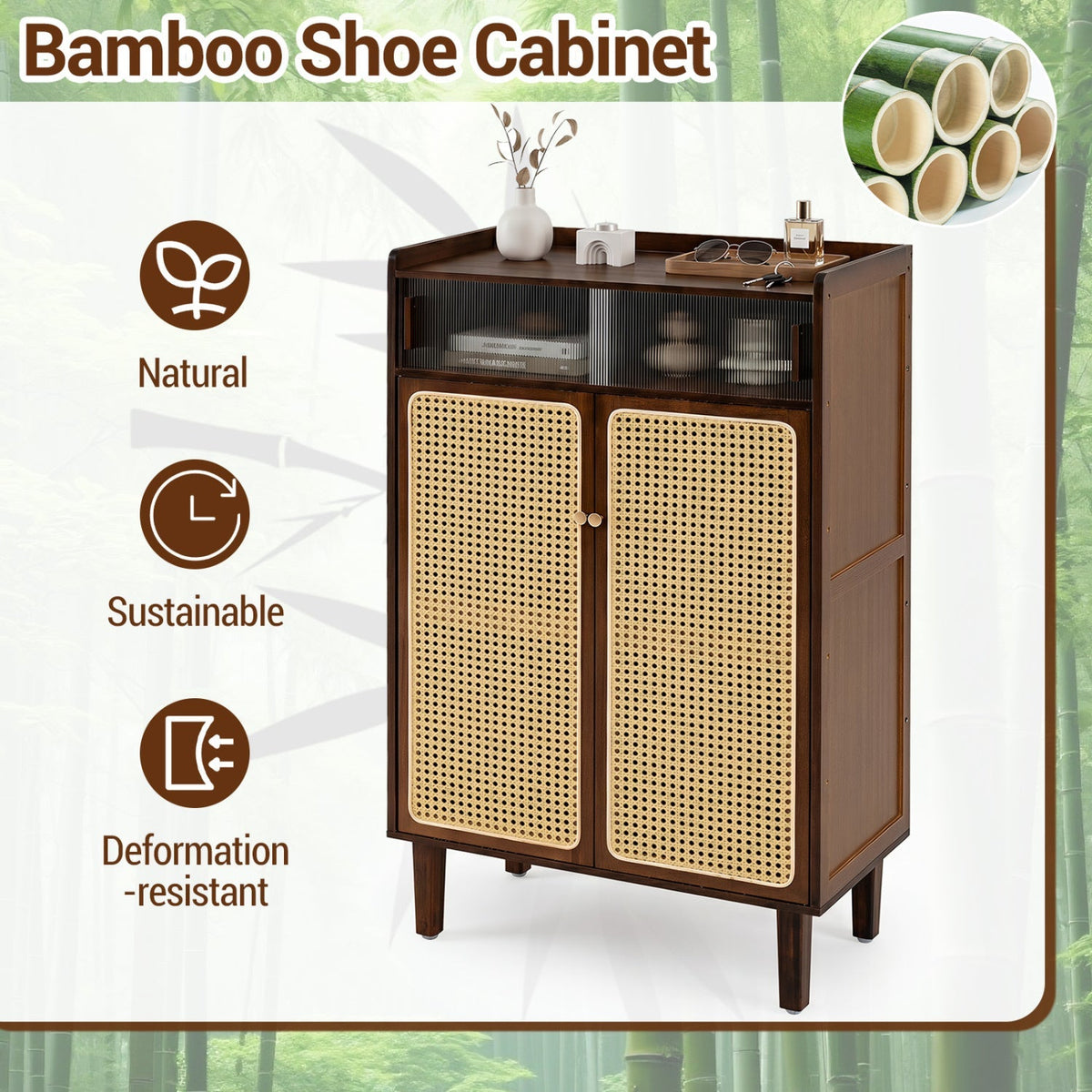 5-Tier Bamboo Shoe Cabinet with Woven Rattan Sliding Doors 8