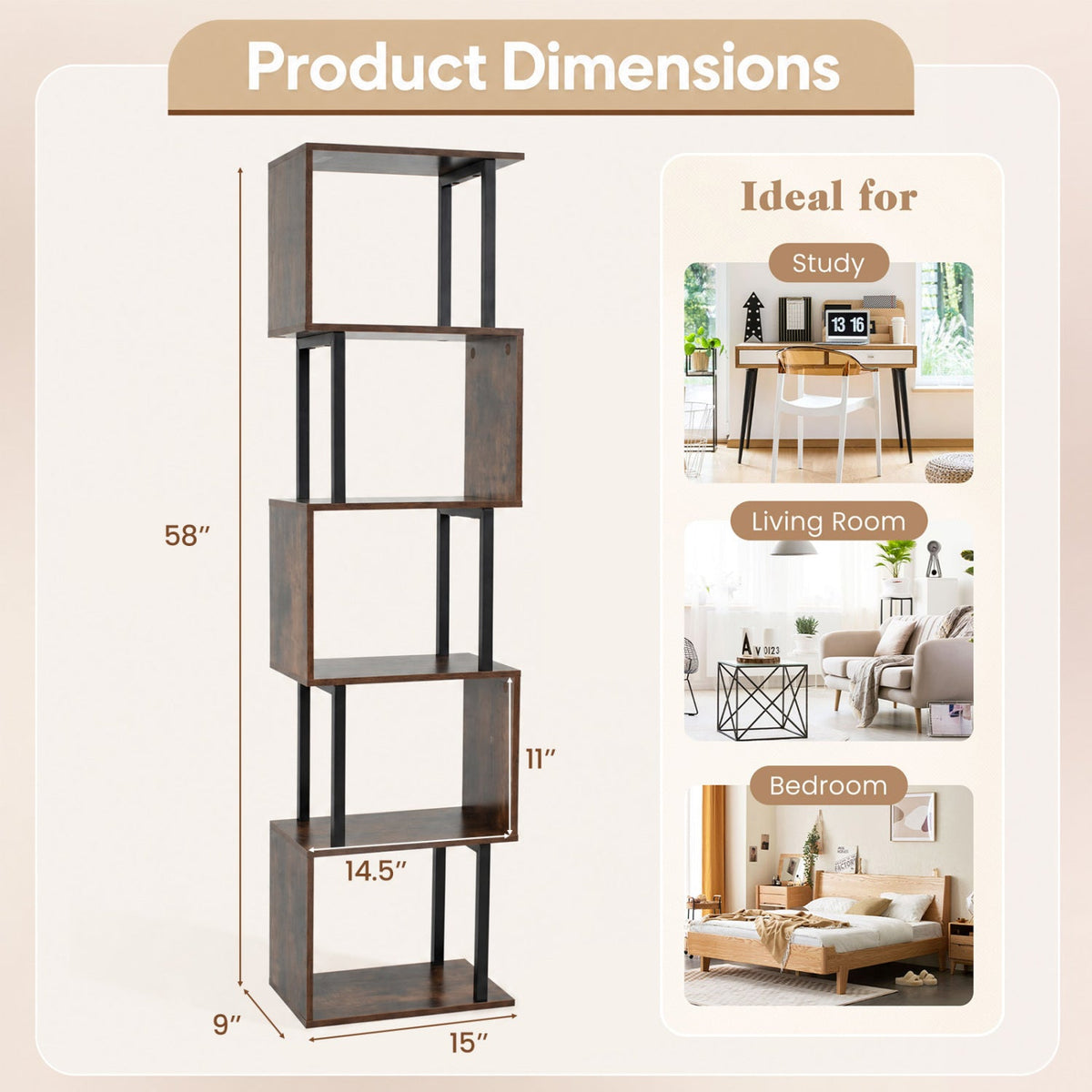 5-Tier S-Shaped Bookshelf with Open Cubes & Anti-Tip Kit 5