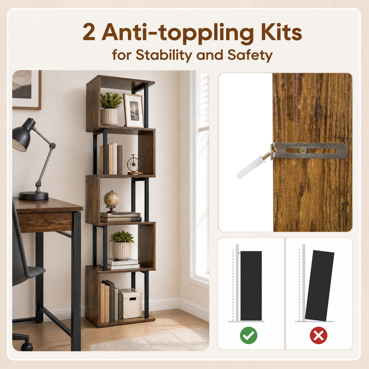 5-Tier S-Shaped Bookshelf with Open Cubes & Anti-Tip Kit 7