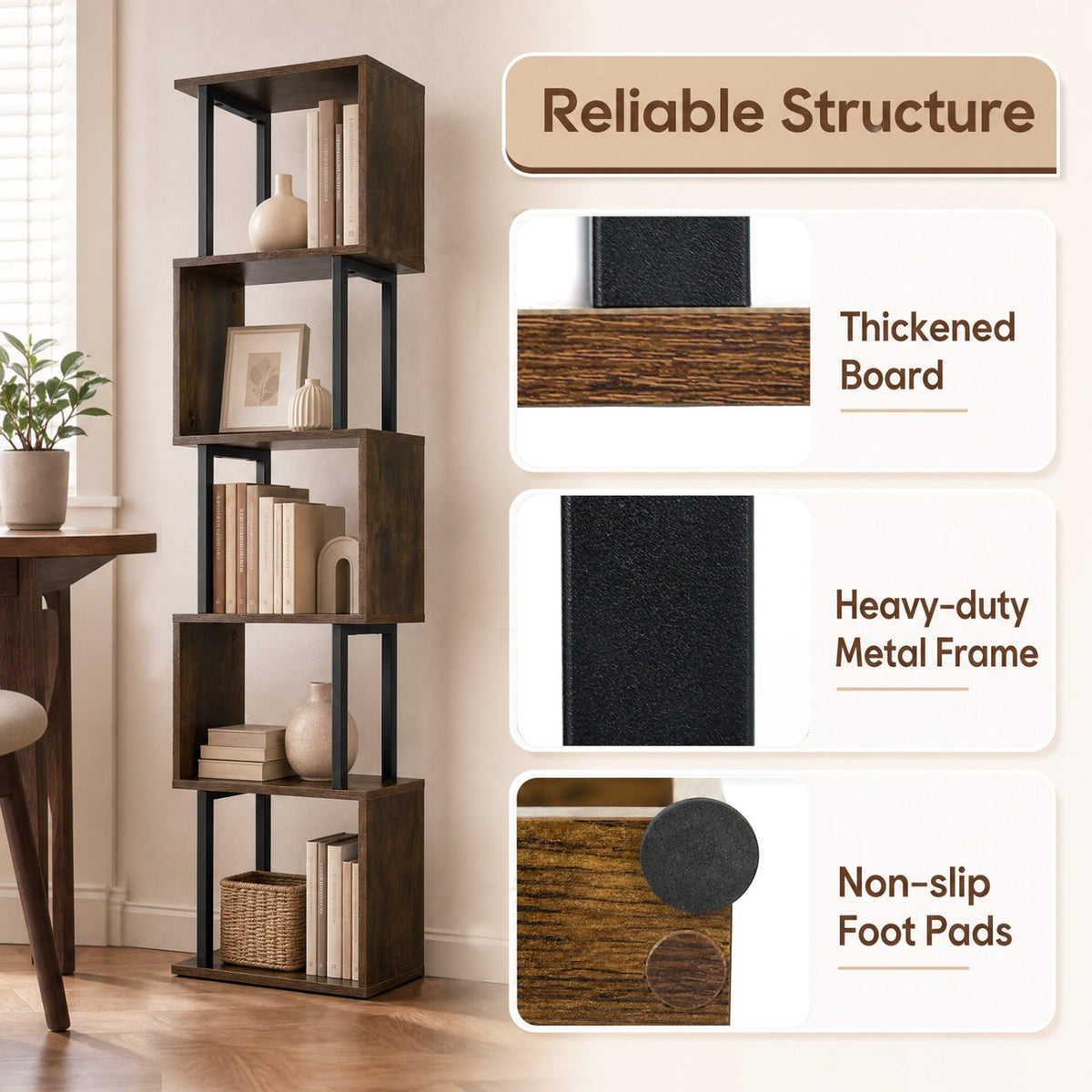 5-Tier S-Shaped Bookshelf with Open Cubes & Anti-Tip Kit 8