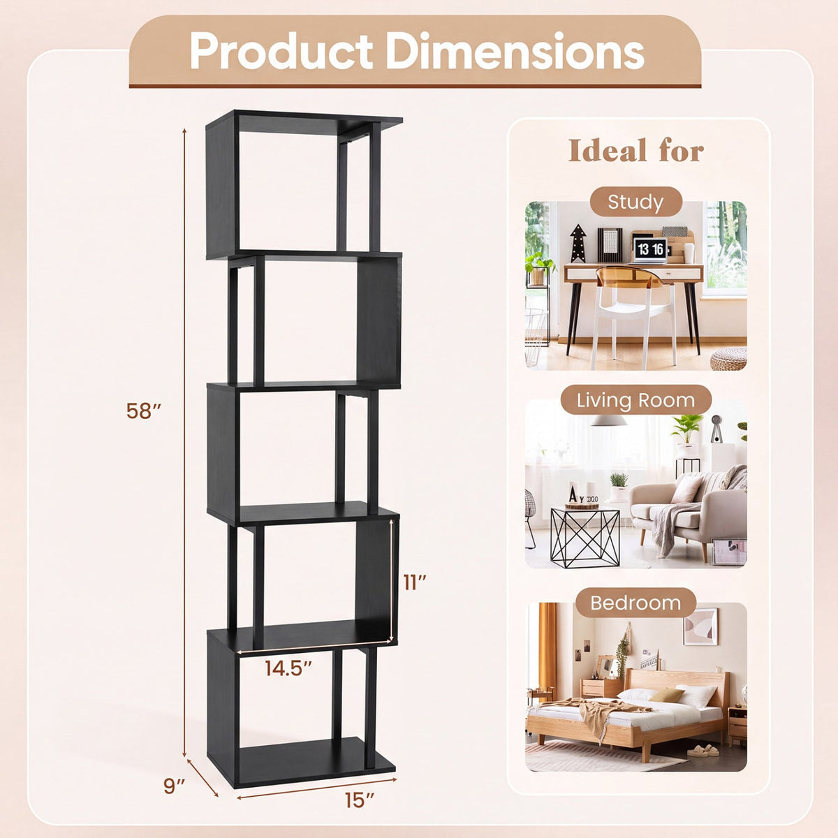 5-Tier S-Shaped Bookshelf with Open Cubes & Anti-Tip Kit 13