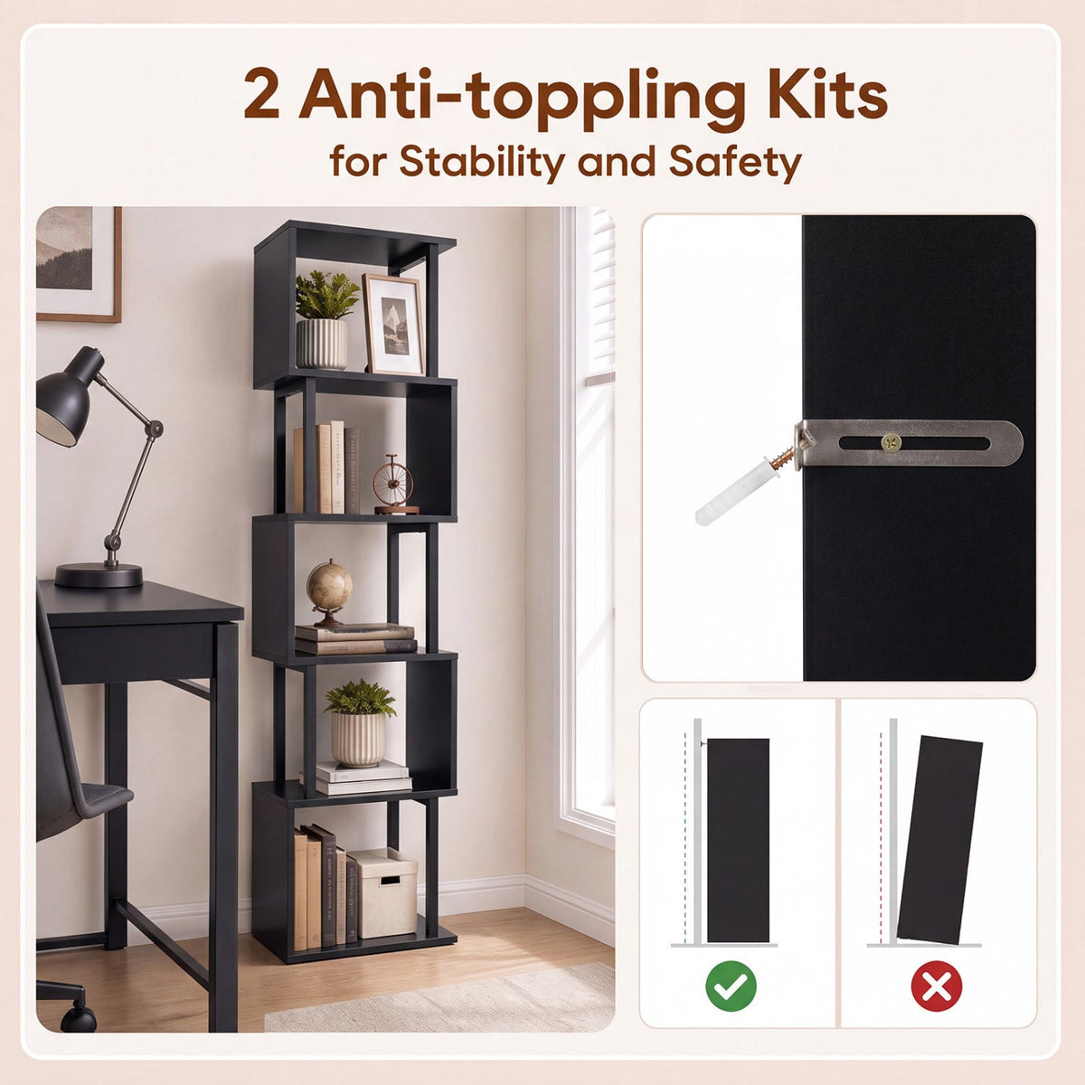 5-Tier S-Shaped Bookshelf with Open Cubes & Anti-Tip Kit 15