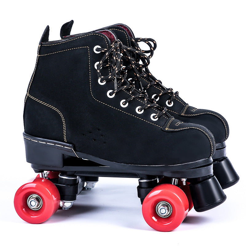 Black Lether Roller Skates Shoes 4-Wheel Double Row 6