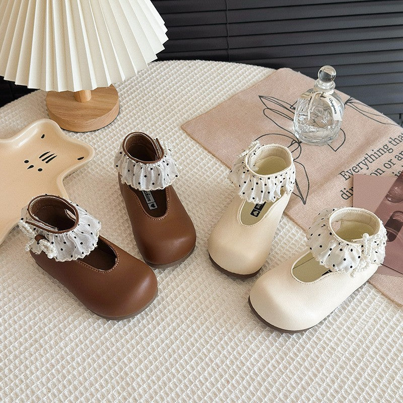 2026 Spring New Kids Princess Shoes, Lace Ruffle Pearl Decor Flats, Elegant Fashion Casual Single Shoes For Baby Girls 2