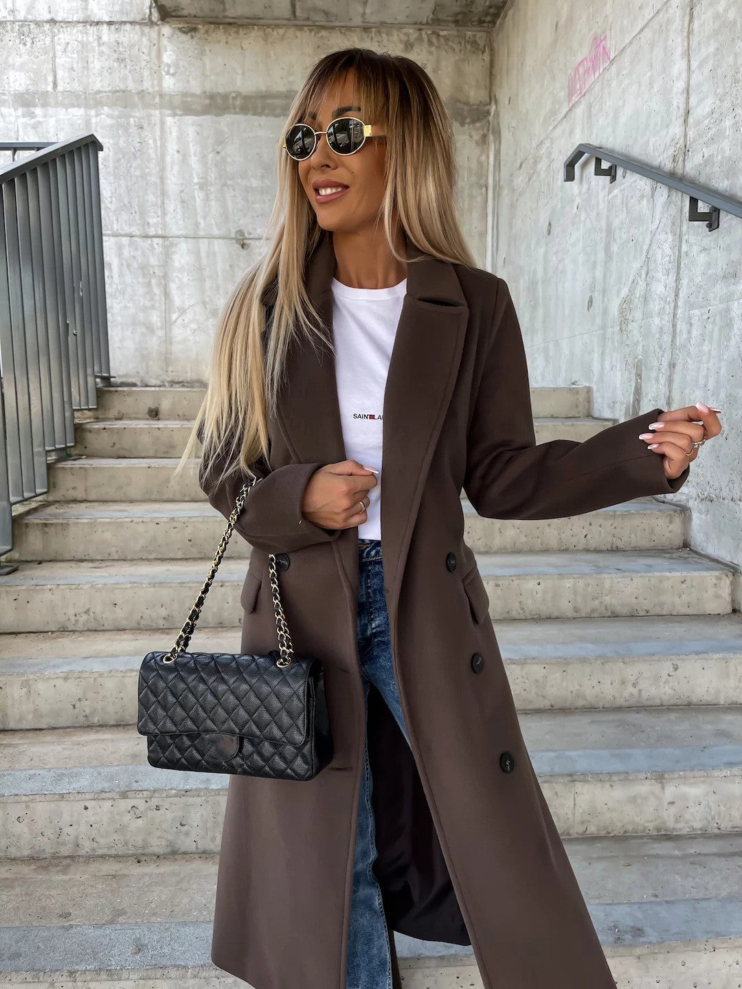 Double-breasted Lapel Split Jacket With Belt Winter Fashion Casual Long Sleeve Button Daily Coats For Women Clothing 8