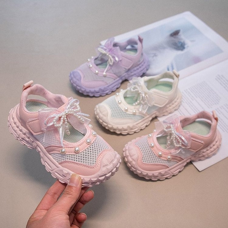 2026 New Summer Girls Hollow Single Mesh Sports Sandals, Fashion Versatile Dad Sneakers With Pearl Bow Decor Breathable Mesh Casual Shoes 1