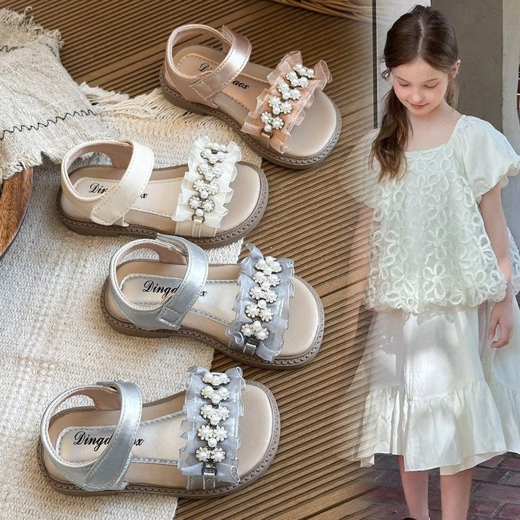 2025 Summer New Arrival Girls' Fashion Rhinestone Princess Shoes, Korean Style Kids' One-Strap Open-Toe Sandals, Cute Beach Shoes For Little Girls 2