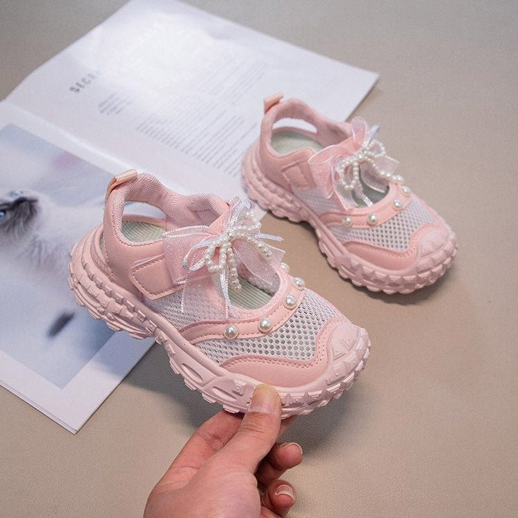 2026 New Summer Girls Hollow Single Mesh Sports Sandals, Fashion Versatile Dad Sneakers With Pearl Bow Decor Breathable Mesh Casual Shoes 4
