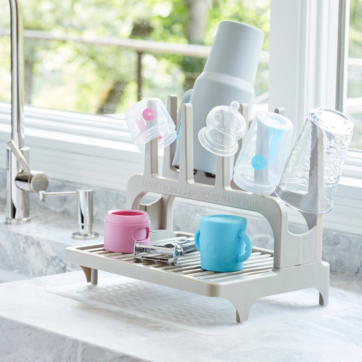 PopYum 9 oz Orange Formula Making Baby Bottle 3-Pk with Gray Drying Rack & Clear Drying Mat Bundle 6