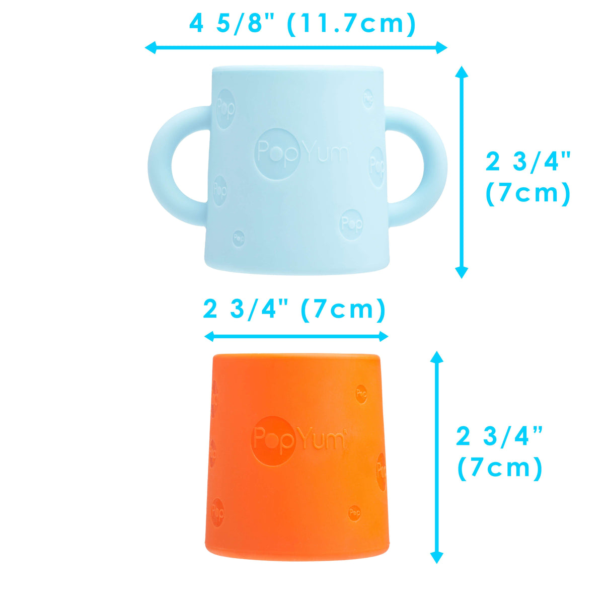 PopYum Silicone Training Cup 2-Pack for Baby and Toddler, handles, BPA Free, self feeding training, tumbler (sky blue and PopYum orange) 6
