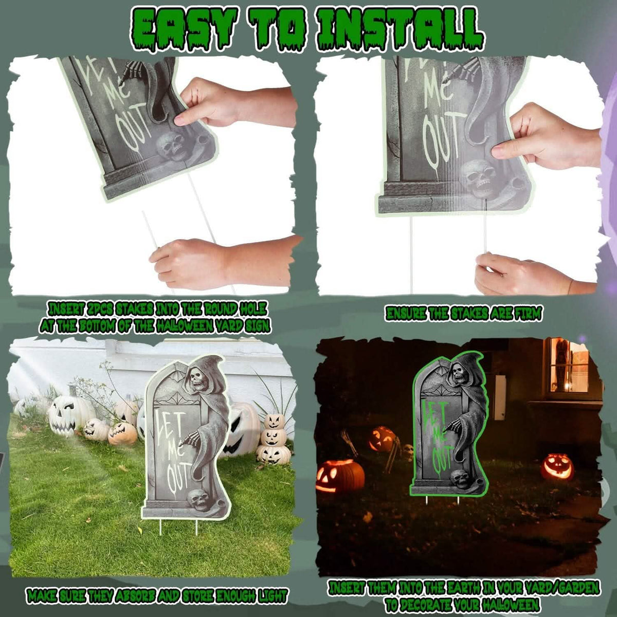 6-Pieces: Glow in the Dark Halloween Yard Sign Decorations with 12 Stakes 6